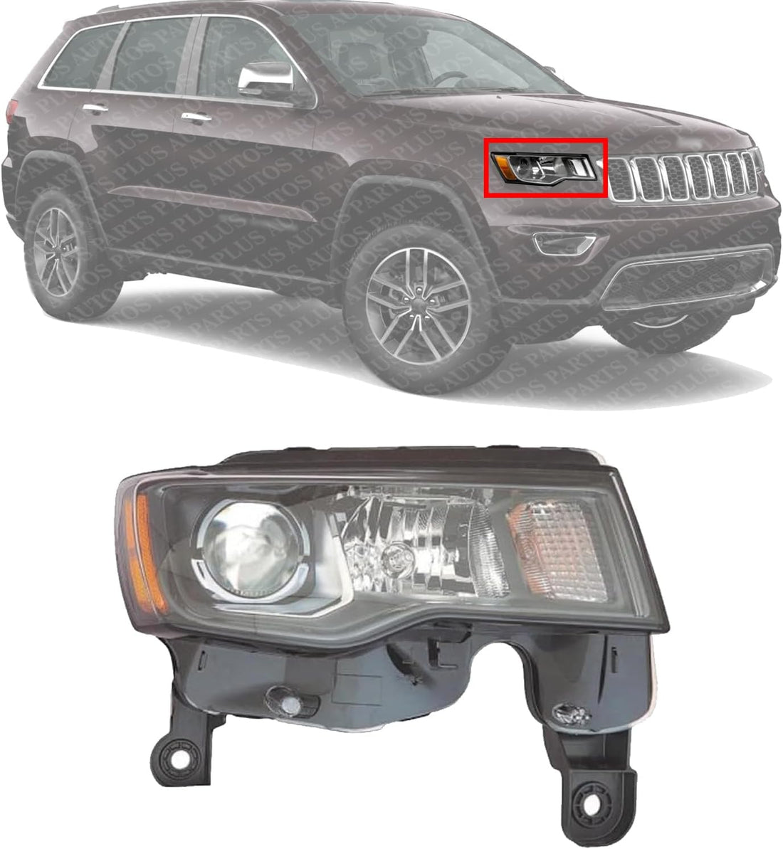 Front Head Light Assembly Halogen With Black Trim Right Passenger Side Direct Replacement Compatible With 2017-2021 Jeep Grand Cherokee CH2503309 68266646AF