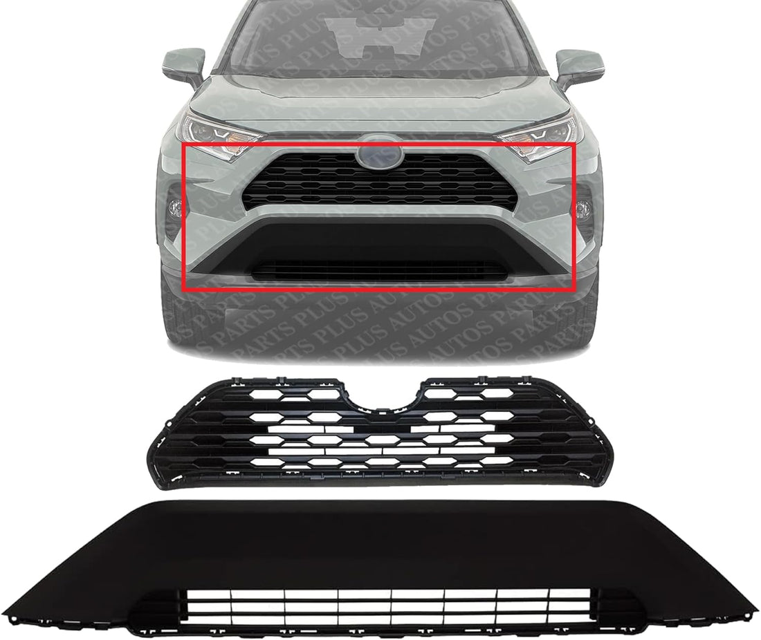 AUTO PARTS PLUS Front Bumper Upper + Lower Grille Primed Direct Replacement Compatible With 2019-2021 Toyota RAV4 TO1036203 TO1200438 531120R120 531130R090