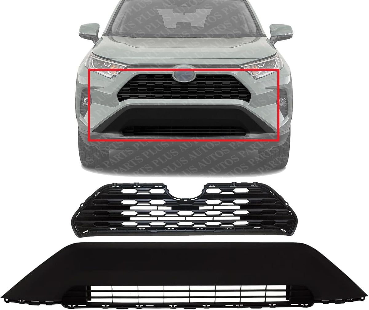 AUTO PARTS PLUS Front Bumper Upper + Lower Grille Primed Direct Replacement Compatible With 2019-2021 Toyota RAV4 TO1036203 TO1200438 531120R120 531130R090