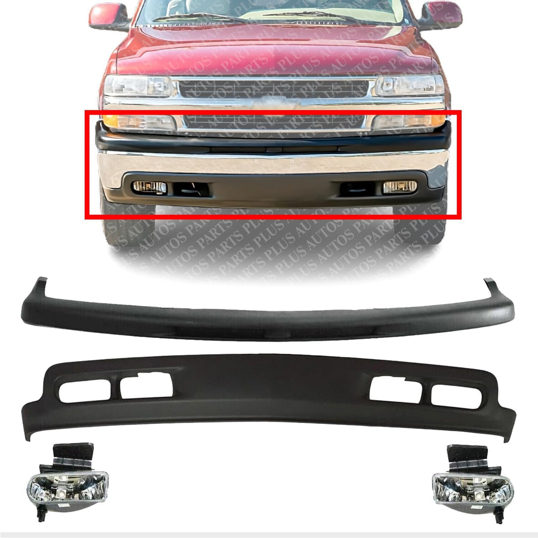 AUTOS PARTS PLUS Front Bumper Upper Cover + Lower Valance Primed + Fog Light Bracket Left & Right Side Direct Replacement Compatible With 1999-2002 Chevrolet