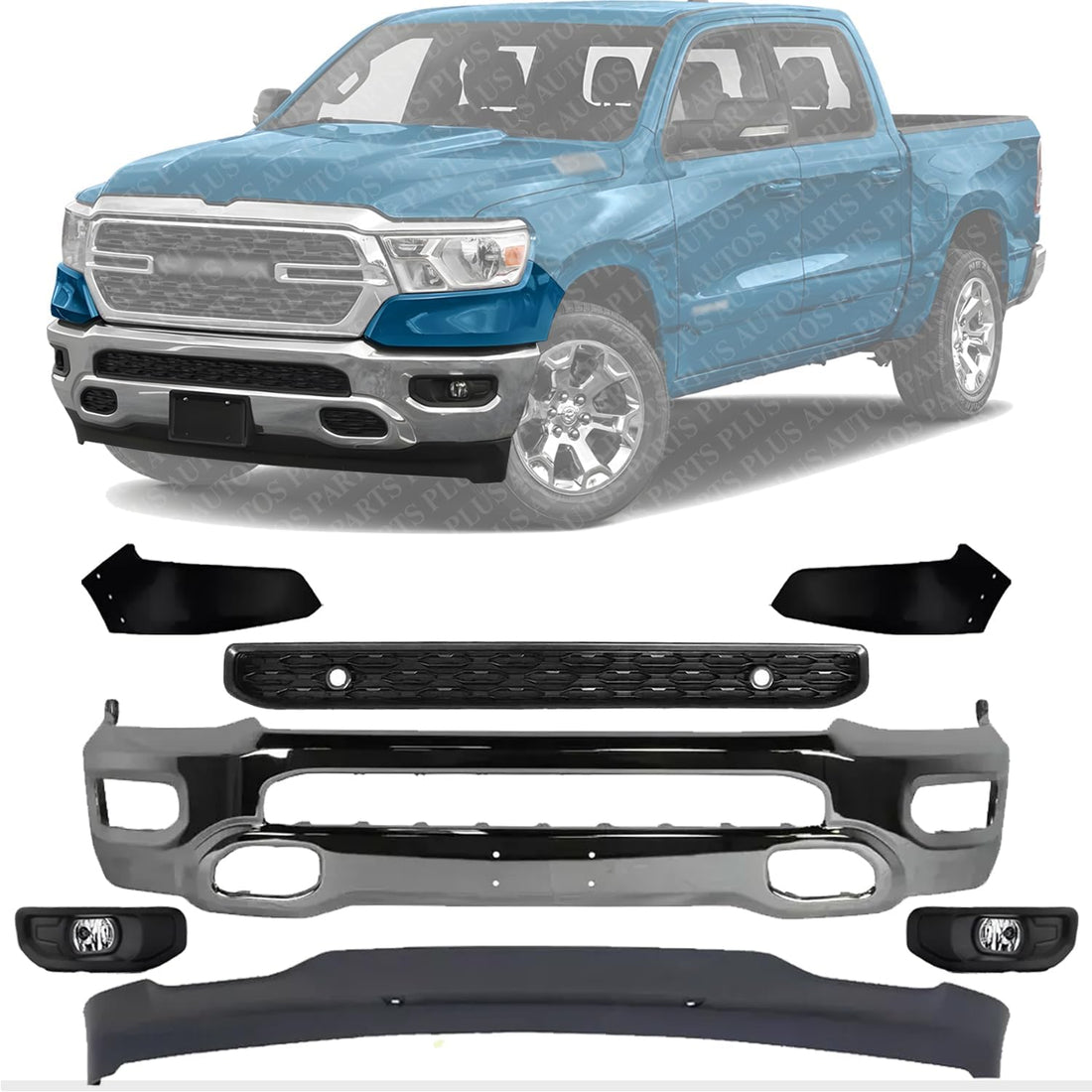 Front Bumper Chrome + Grille Black + Lower Valance Textured + End Extension + Fog Lights With Bezel and Bracket Left & Right Side Direct Replacement Compatible With 2019-2024 Ram 1500