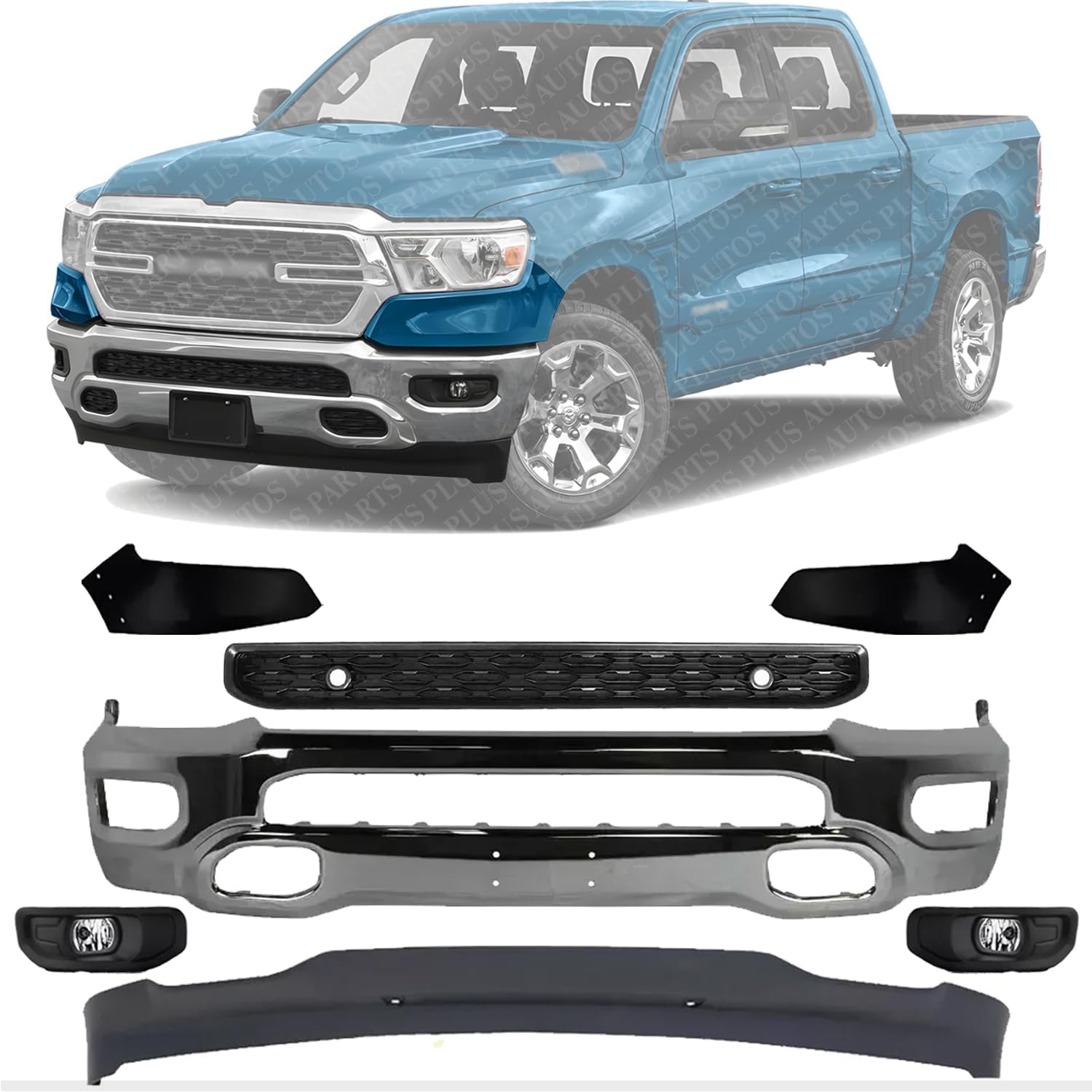 Front Bumper Chrome + Grille Black + Lower Valance Textured + End Extension + Fog Lights With Bezel and Bracket Left & Right Side Direct Replacement Compatible With 2019-2024 Ram 1500
