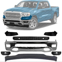 Front Bumper Chrome + Grille Black + Lower Valance Textured + End Extension + Fog Lights With Bezel and Bracket Left & Right Side Direct Replacement Compatible With 2019-2024 Ram 1500