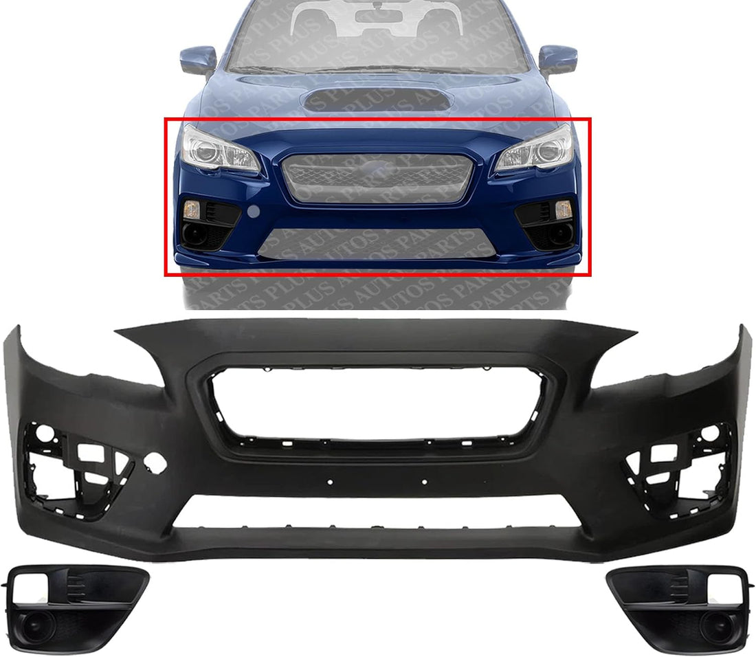 Front Bumper Cover Primed Plastic + Fog Lights Cover Left Driver & Right Passenger Side Direct Replacement Compatible With 2015-2017 Subaru WRX