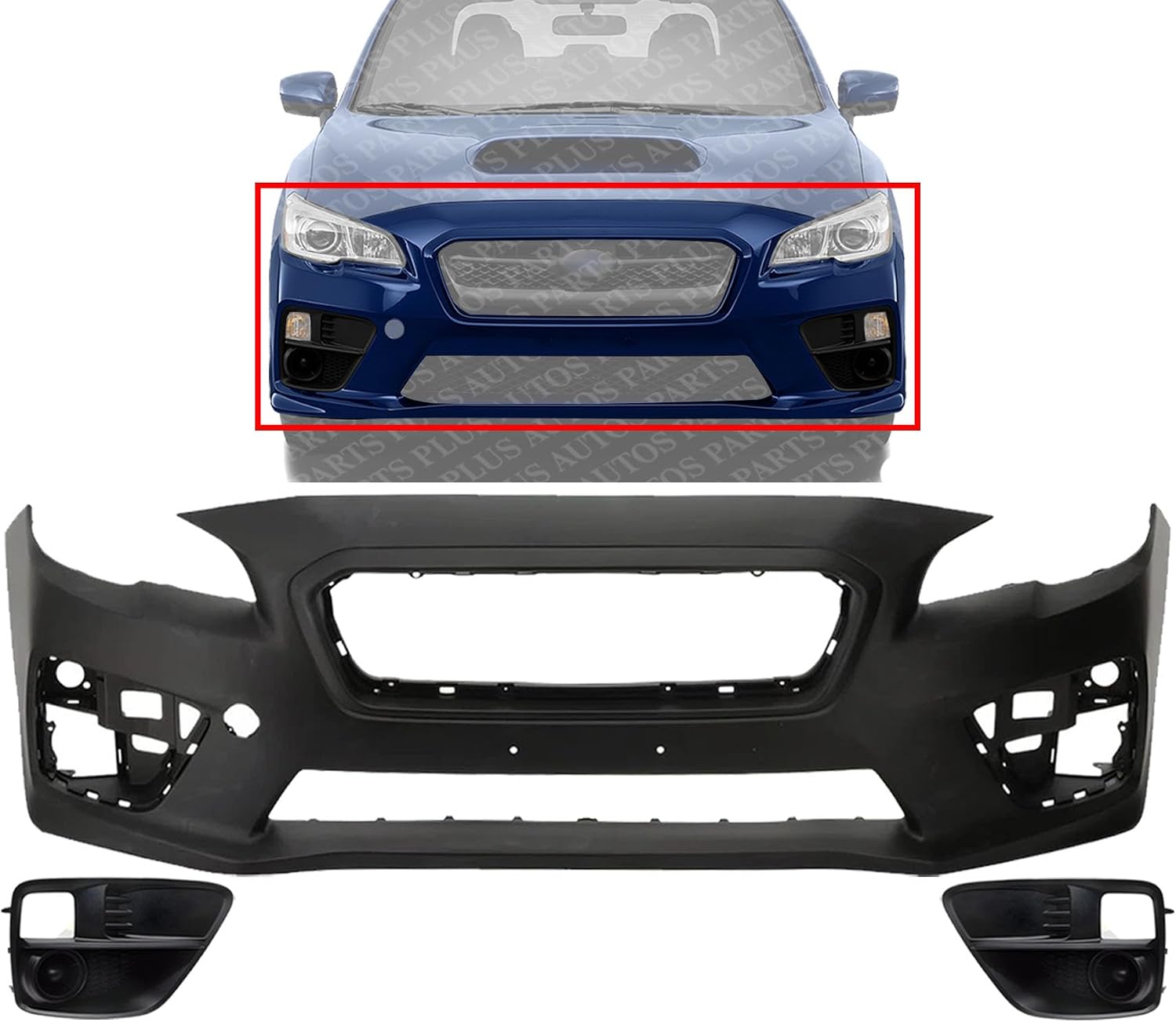 Front Bumper Cover Primed Plastic + Fog Lights Cover Left Driver & Right Passenger Side Direct Replacement Compatible With 2015-2017 Subaru WRX
