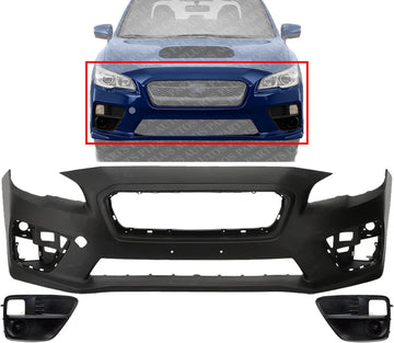 Front Bumper Cover Primed Plastic + Fog Lights Cover Left Driver & Right Passenger Side Direct Replacement Compatible With 2015-2017 Subaru WRX