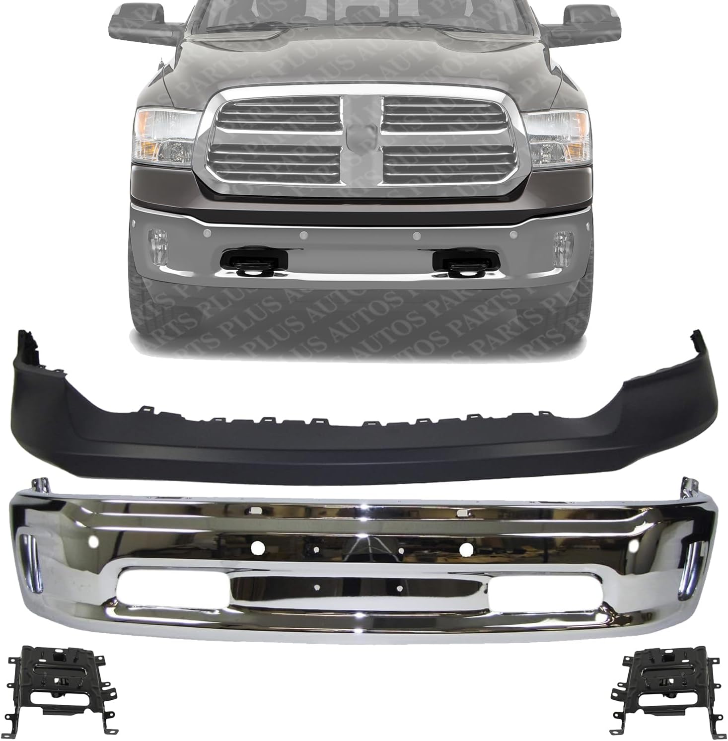Front Bumper Steel Chrome Steel + Upper Cover Fascia Primed + Brackets Left Driver & Right Passenger Side Direct Replacement Compatible With 2014-2018 Ram 1500 CH1002402 CH1014108