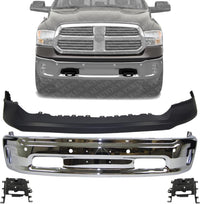 Front Bumper Steel Chrome Steel + Upper Cover Fascia Primed + Brackets Left Driver & Right Passenger Side Direct Replacement Compatible With 2014-2018 Ram 1500 CH1002402 CH1014108