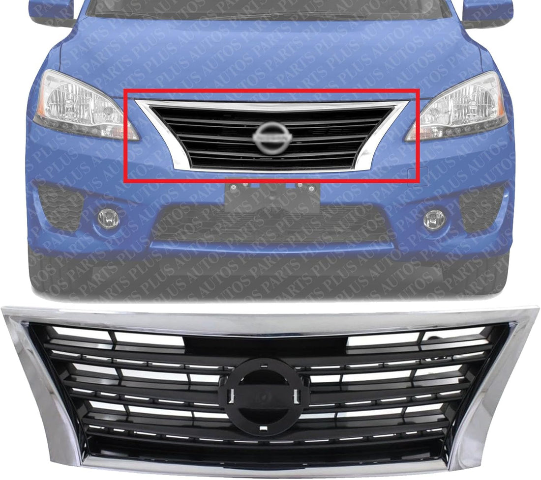 Front Grille Chrome Shell With Dark Gray Insert Direct Replacement Compatible With 2013-2015 Nissan Sentra NI1200253 623103RM0A