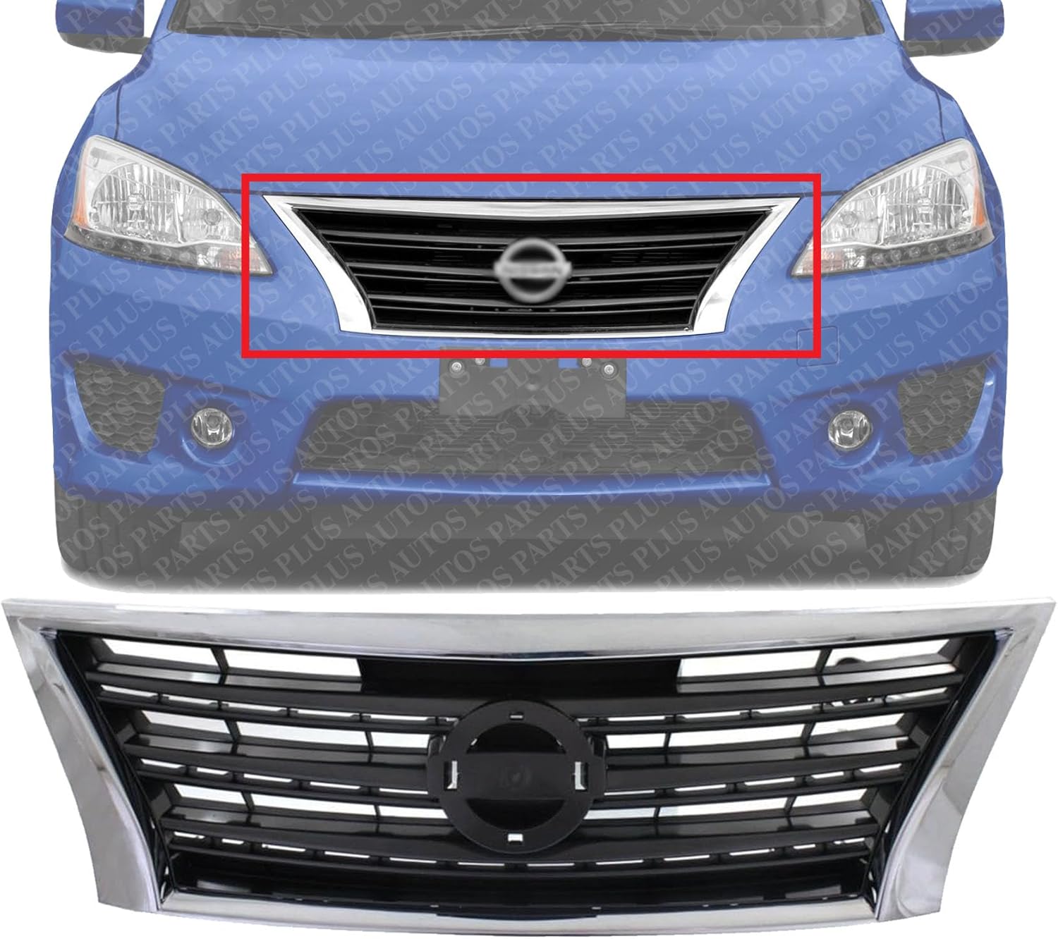 Front Grille Chrome Shell With Dark Gray Insert Direct Replacement Compatible With 2013-2015 Nissan Sentra NI1200253 623103RM0A