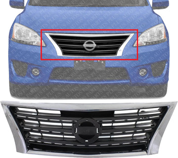 Front Grille Chrome Shell With Dark Gray Insert Direct Replacement Compatible With 2013-2015 Nissan Sentra NI1200253 623103RM0A