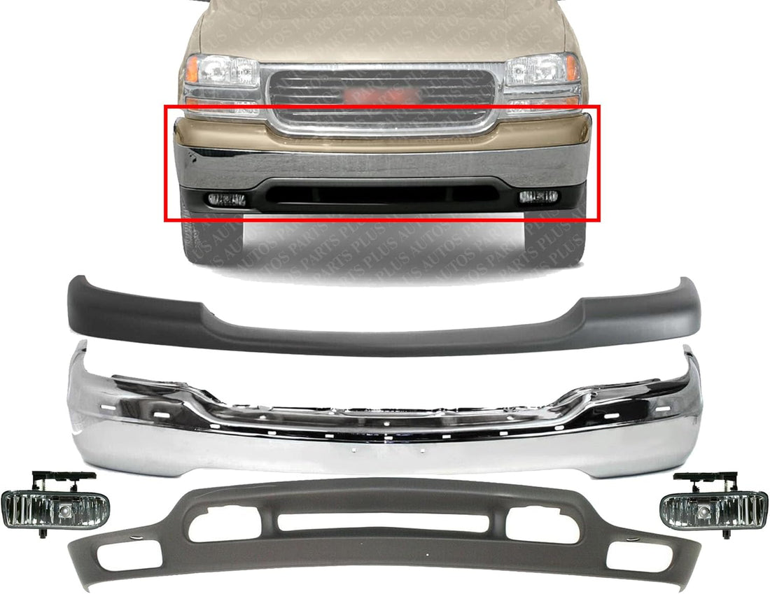 Front Bumper Chrome + Upper Cover Primed + Lower Valance Textured + Fog Light RH & LH Side Direct Replacement Compatible With GMC Sierra 1500 1999-2002 / Yukon 2000-2006