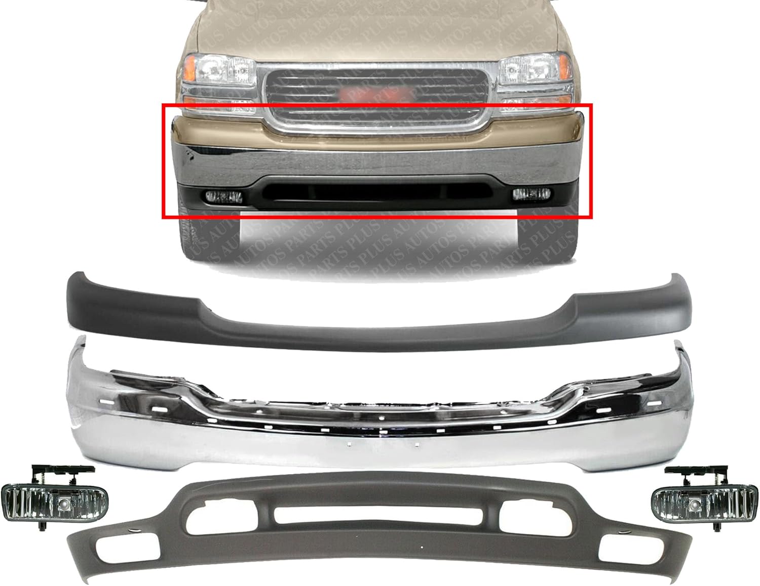 Front Bumper Chrome + Upper Cover Primed + Lower Valance Textured + Fog Light RH & LH Side Direct Replacement Compatible With GMC Sierra 1500 1999-2002 / Yukon 2000-2006