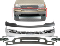 Front Bumper Chrome + Upper Cover Primed + Lower Valance Textured + Fog Light RH & LH Side Direct Replacement Compatible With GMC Sierra 1500 1999-2002 / Yukon 2000-2006