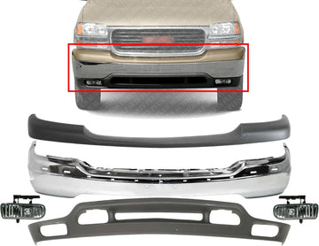 Front Bumper Chrome + Upper Cover Primed + Lower Valance Textured + Fog Light RH & LH Side Direct Replacement Compatible With GMC Sierra 1500 1999-2002 / Yukon 2000-2006