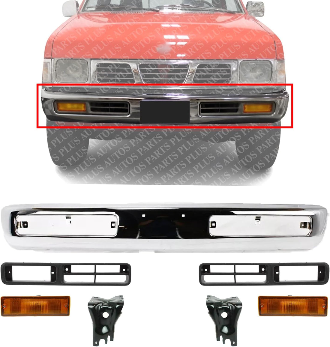 Front Bumper Chrome Steel + Fog Lights Bezels Primed + Signal Lamps + Brackets Left Driver & Right Passenger Side Direct Replacement For 1996-1997 Nissan Pickup Base SE XE NI1002127