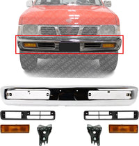 Front Bumper Chrome Steel + Fog Lights Bezels Primed + Signal Lamps + Brackets Left Driver & Right Passenger Side Direct Replacement For 1996-1997 Nissan Pickup Base SE XE NI1002127