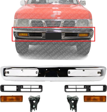 Front Bumper Chrome Steel + Fog Lights Bezels Primed + Signal Lamps + Brackets Left Driver & Right Passenger Side Direct Replacement For 1996-1997 Nissan Pickup Base SE XE NI1002127