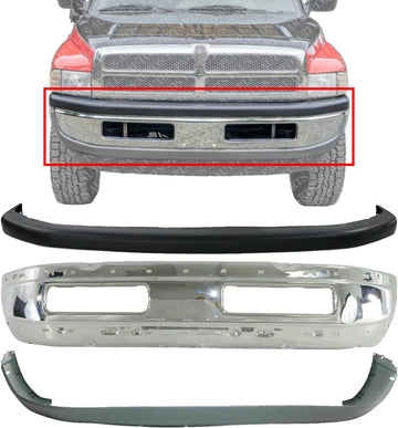 AUTOS PARTS PLUS Front Bumper Chrome + Upper Cover + Lower Valance Direct Replacement Compatible With 1994-2001 Dodge Ram 1500/1994-2002 Ram 2500 3500 CH1002256 CH1002172 CH1000160 CH1000232