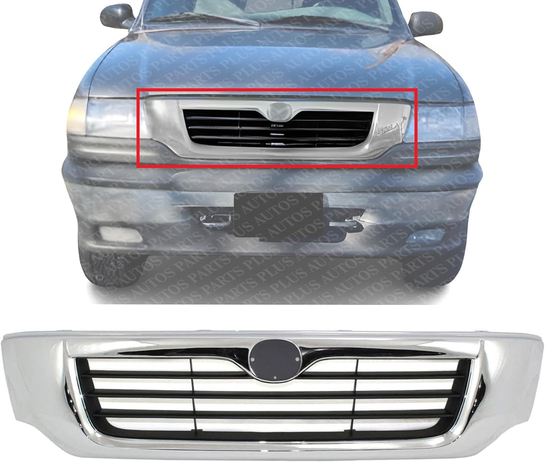 Front Grille Assembly Chrome Shell With Primed Insert Plastic Direct Replacement Compatible With 1998-2000 Mazda Pickup MA1200154 1F0150710