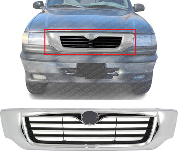 Front Grille Assembly Chrome Shell With Primed Insert Plastic Direct Replacement Compatible With 1998-2000 Mazda Pickup MA1200154 1F0150710