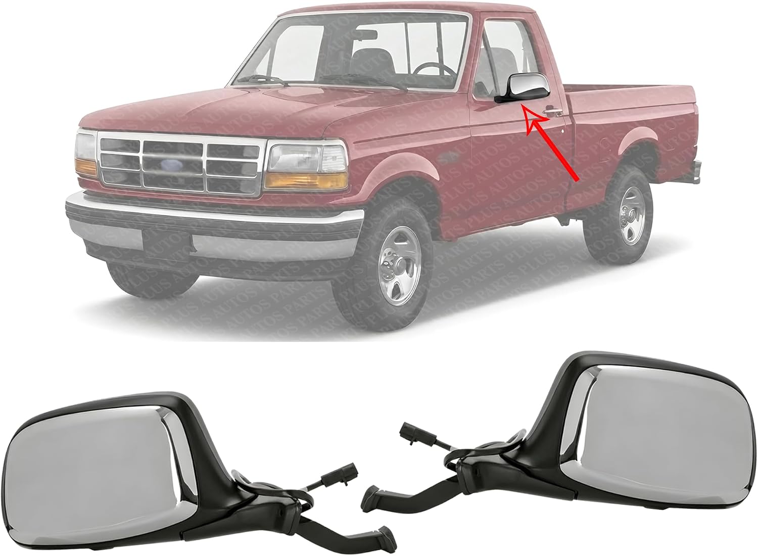Front Side View Chrome Mirror Set Power Glass Manual Folding Right Passenger & Left Driver Side Direct Replacement Compatible With 1992-1997 Ford Bronco, F-150 F-250 F-350 FO1321124