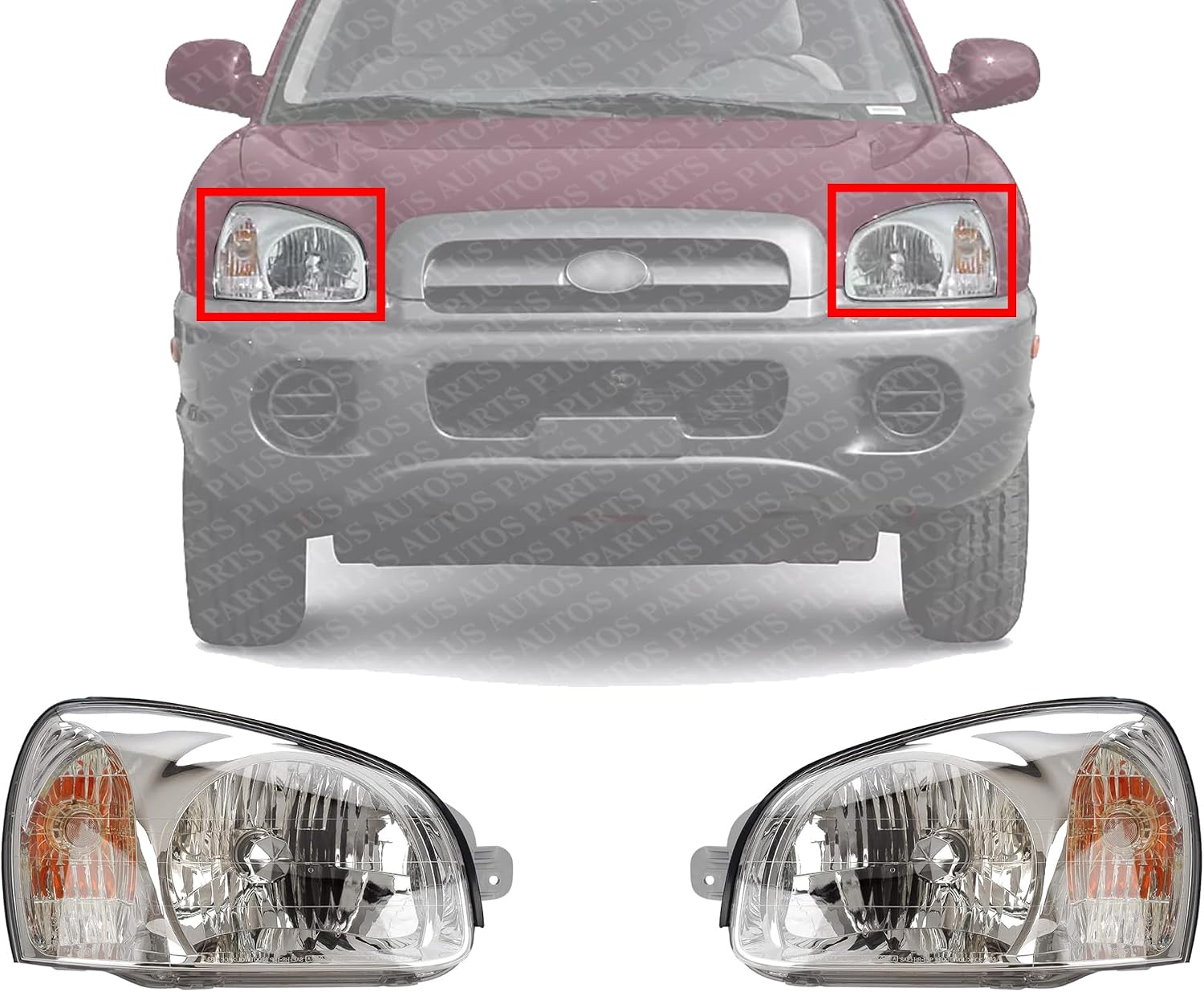 Set Of 2 Front Head Light Assembly Plastic Left Driver & Right Passenger Side Direct Replacement Compatible With 2003-2006 Hyundai Santa Fe HY2502134 HY2503134 9210126251 9210226251