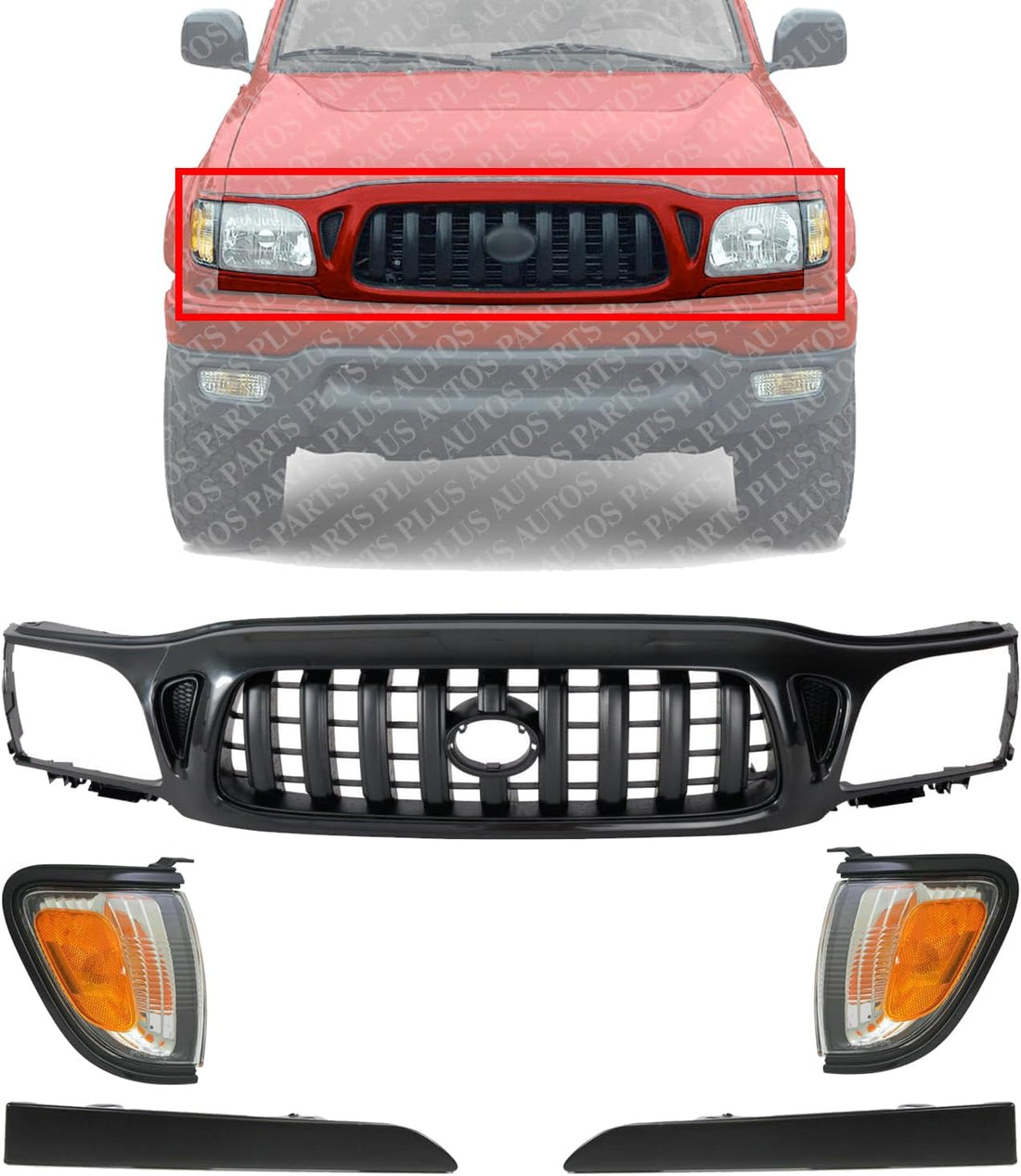 Front Grille Assembly Primed + Headlight Fillers + Corner Lights Left Driver and Right Passenger Side Direct Replacement Compatible With 2001-2004 Toyota Tacoma TO1200246