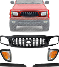 Front Grille Assembly Primed + Headlight Fillers + Corner Lights Left Driver and Right Passenger Side Direct Replacement Compatible With 2001-2004 Toyota Tacoma TO1200246