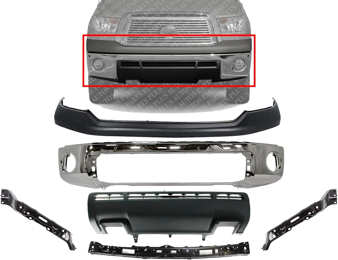 AUTOS PARTS PLUS Front Bumper Chrome Steel + Upper Cover Primed + Lower Valance Panel Textured + Retainer Brackets Center + Right & Left Side Direct Replacement Compatible With 2010-2013 Toyota Tundra
