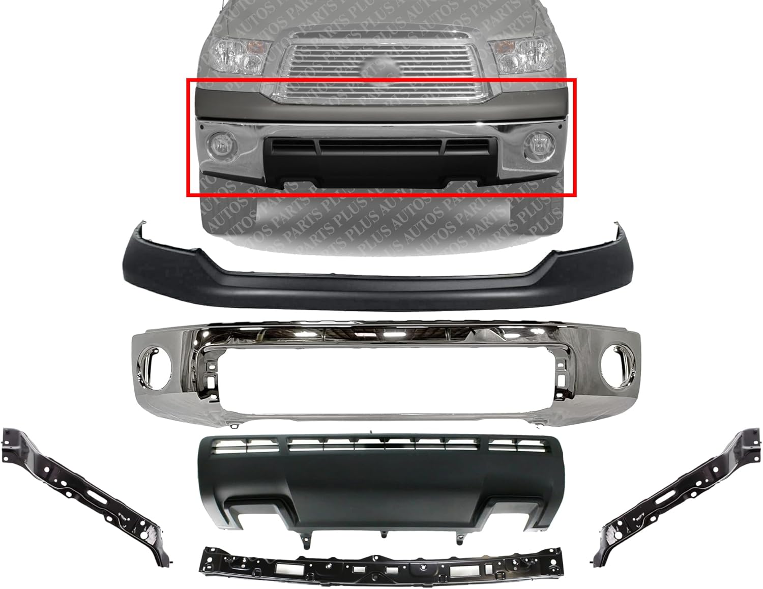 AUTOS PARTS PLUS Front Bumper Chrome Steel + Upper Cover Primed + Lower Valance Panel Textured + Retainer Brackets Center + Right & Left Side Direct Replacement Compatible With 2010-2013 Toyota Tundra