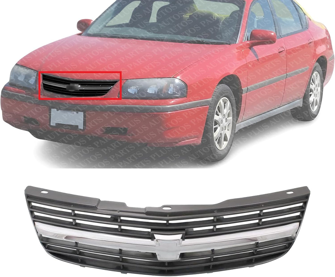 Front Grille Assembly Painted Dark Gray Shell And Insert With Chrome Center Bar Direct Replacement Compatible With 2000-2004 Chevrolet Impala GM1200428 10289769