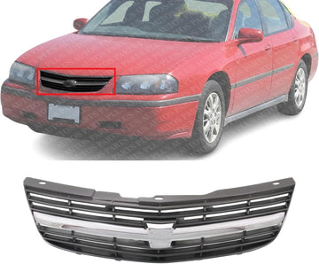 Front Grille Assembly Painted Dark Gray Shell And Insert With Chrome Center Bar Direct Replacement Compatible With 2000-2004 Chevrolet Impala GM1200428 10289769