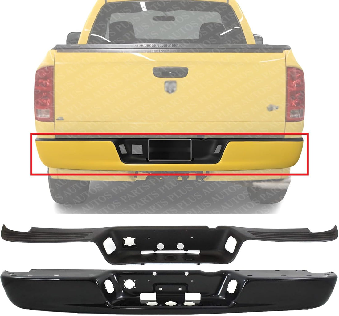 Rear Bumper Face Bar Steel + Step Pad Primed Plastic Direct Replacement Compatible With 2002-2008 Dodge Ram 1500/2003-2009 2500 3500 CH1102352 CH1191110 5073625AE 55077340AD