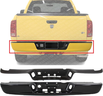 Rear Bumper Face Bar Steel + Step Pad Primed Plastic Direct Replacement Compatible With 2002-2008 Dodge Ram 1500/2003-2009 2500 3500 CH1102352 CH1191110 5073625AE 55077340AD