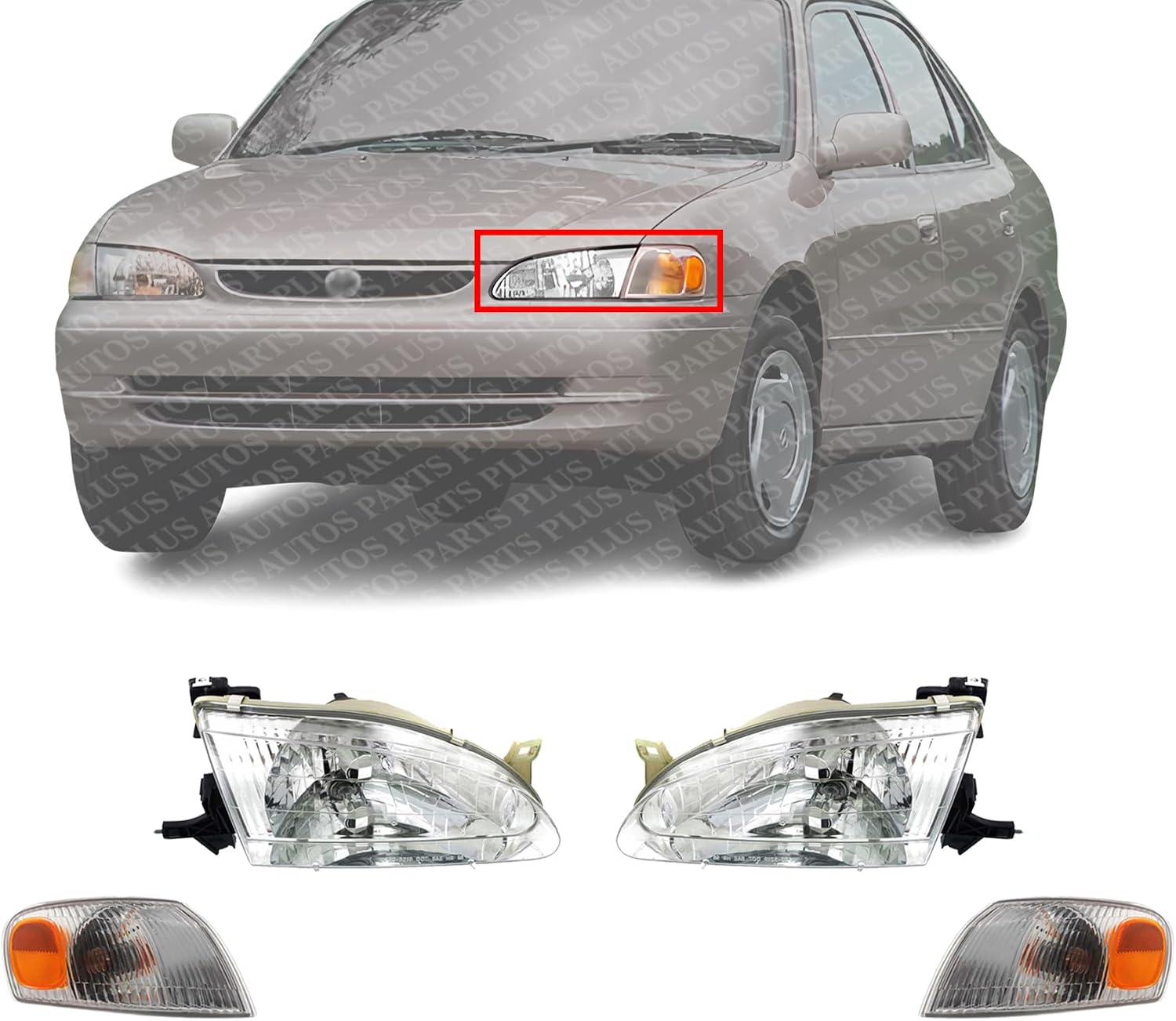 Front Head Lights + Corner Lamps Plastic Left Driver Side & Right Passenger Side Direct Replacement Compatible With 1998-2000 Toyota Corolla TO2502121 TO2503121 TO2521150 TO2520150