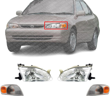 Front Head Lights + Corner Lamps Plastic Left Driver Side & Right Passenger Side Direct Replacement Compatible With 1998-2000 Toyota Corolla TO2502121 TO2503121 TO2521150 TO2520150