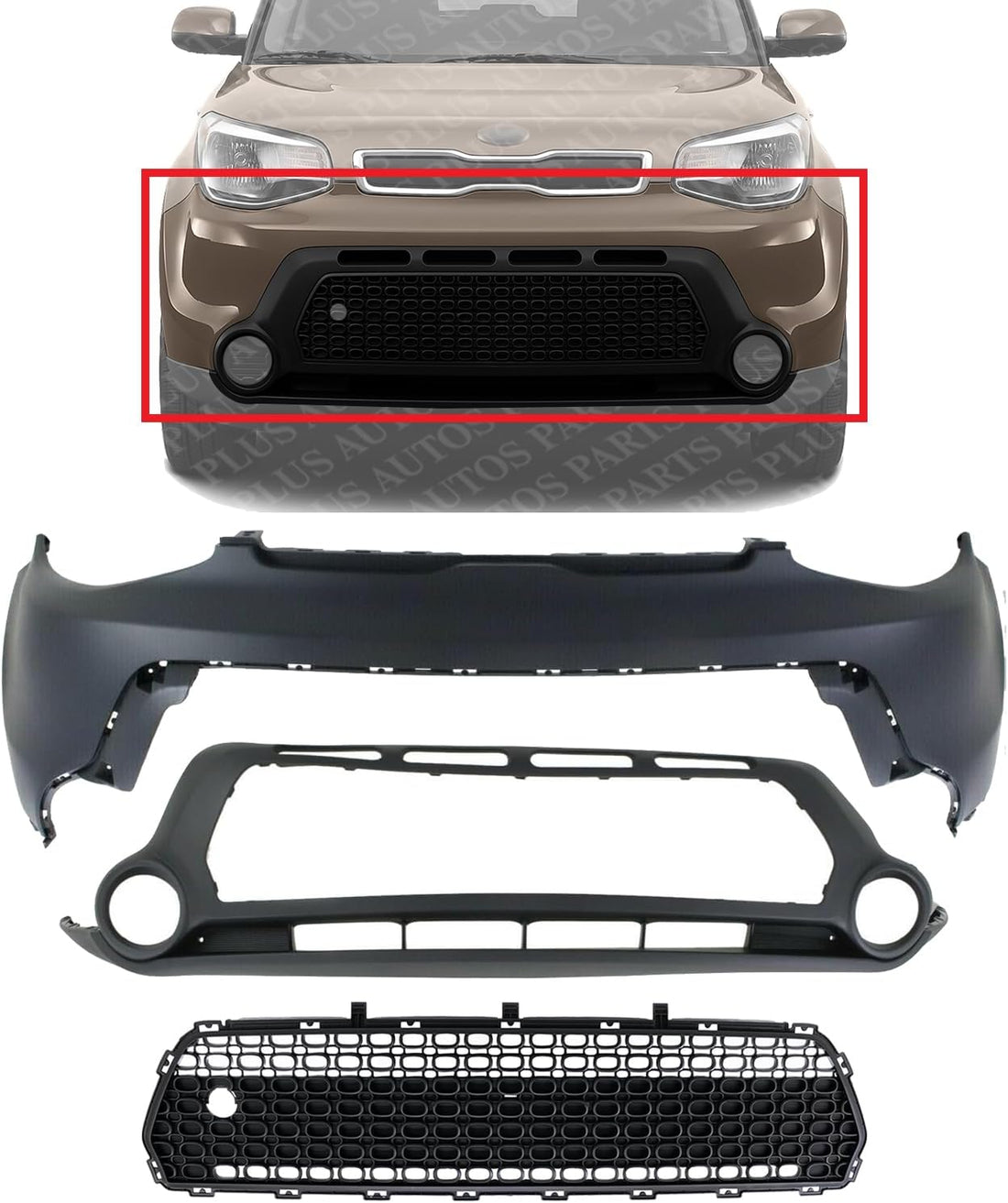 Front Bumper Grille Textured Gray + Upper & Lower Cover Direct Replacement Compatible With 2014-2016 Kia Soul KI1014100 KI1015104 KI1036119 86511B2000 86512B2000 86561B2000