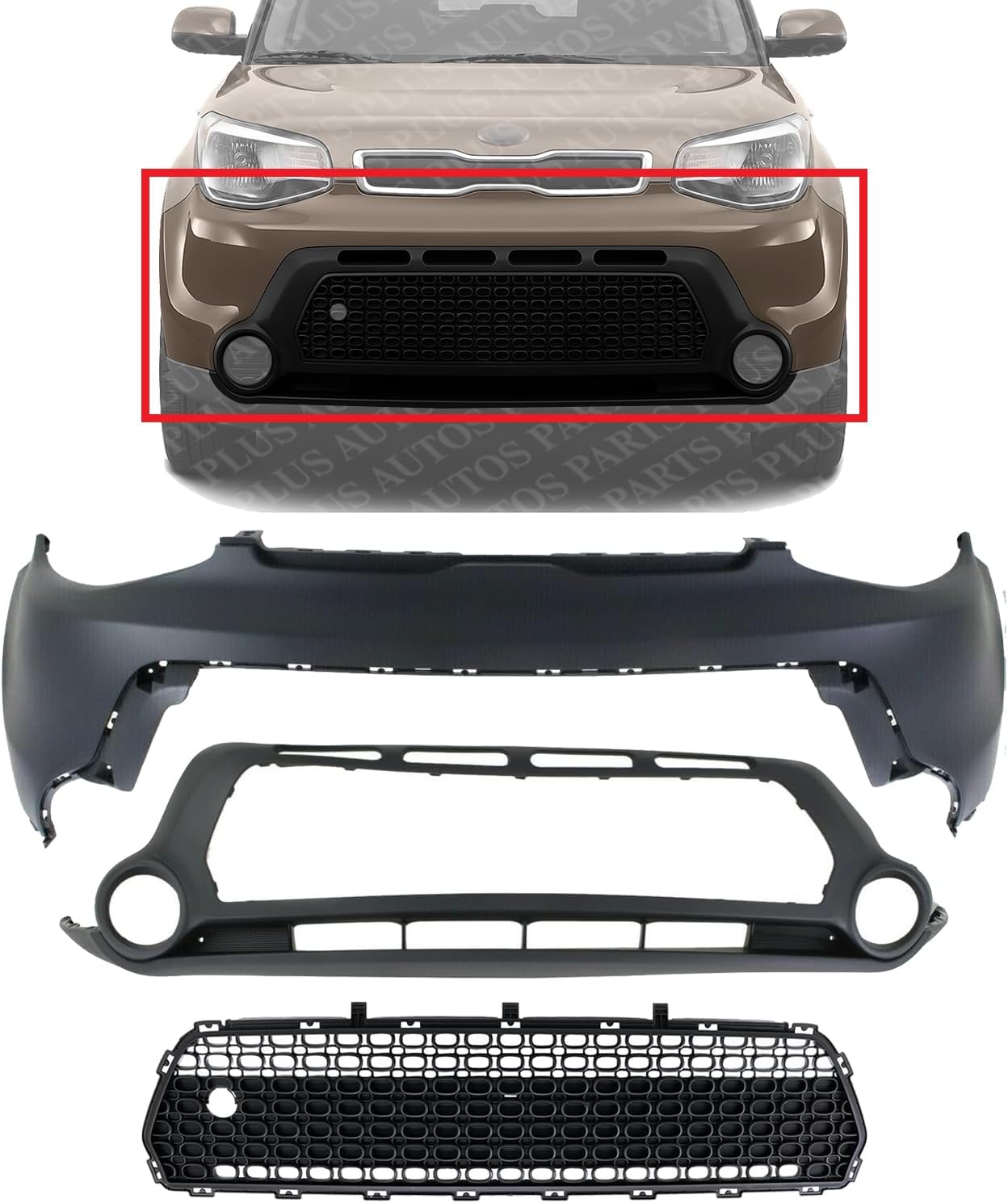 Front Bumper Grille Textured Gray + Upper & Lower Cover Direct Replacement Compatible With 2014-2016 Kia Soul KI1014100 KI1015104 KI1036119 86511B2000 86512B2000 86561B2000