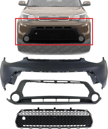 Front Bumper Grille Textured Gray + Upper & Lower Cover Direct Replacement Compatible With 2014-2016 Kia Soul KI1014100 KI1015104 KI1036119 86511B2000 86512B2000 86561B2000