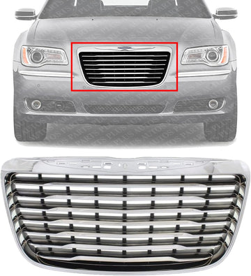 Front Grille Chrome Shell With Painted Black Insert Plastic With Chrome Trim Direct Replacement Compatible With 2011-2014 Chrysler 300 CH1200351 68127942AE