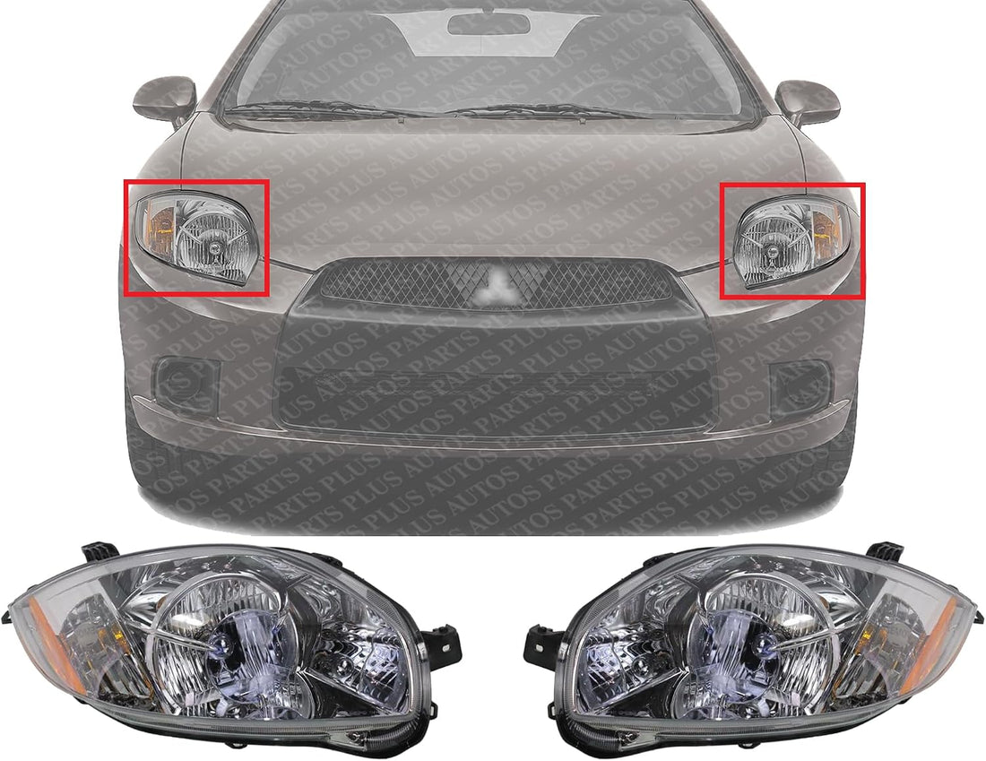 Set Of 2 Front Head Light Assembly Plastic Left Driver & Right Passenger Side Direct Replacement Compatible With 2007-2012 Mitsubishi Eclipse MI2503159 MI2502159 8301B136 8301B135