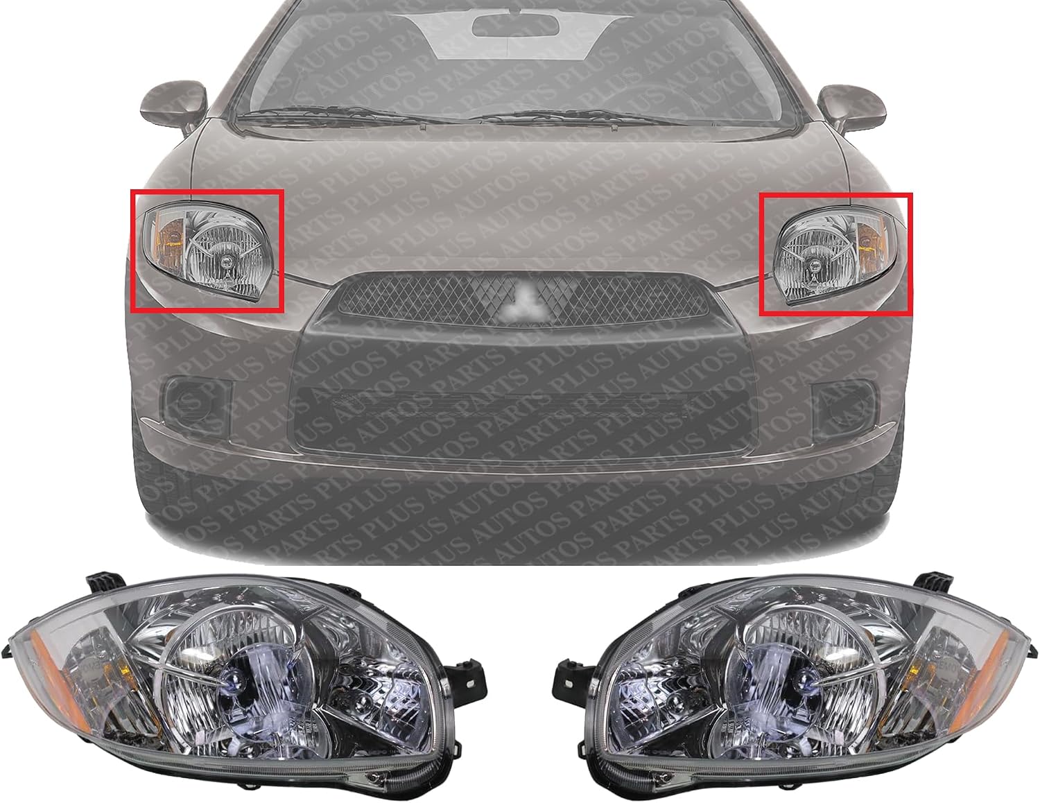 Set Of 2 Front Head Light Assembly Plastic Left Driver & Right Passenger Side Direct Replacement Compatible With 2007-2012 Mitsubishi Eclipse MI2503159 MI2502159 8301B136 8301B135