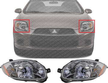 Set Of 2 Front Head Light Assembly Plastic Left Driver & Right Passenger Side Direct Replacement Compatible With 2007-2012 Mitsubishi Eclipse MI2503159 MI2502159 8301B136 8301B135