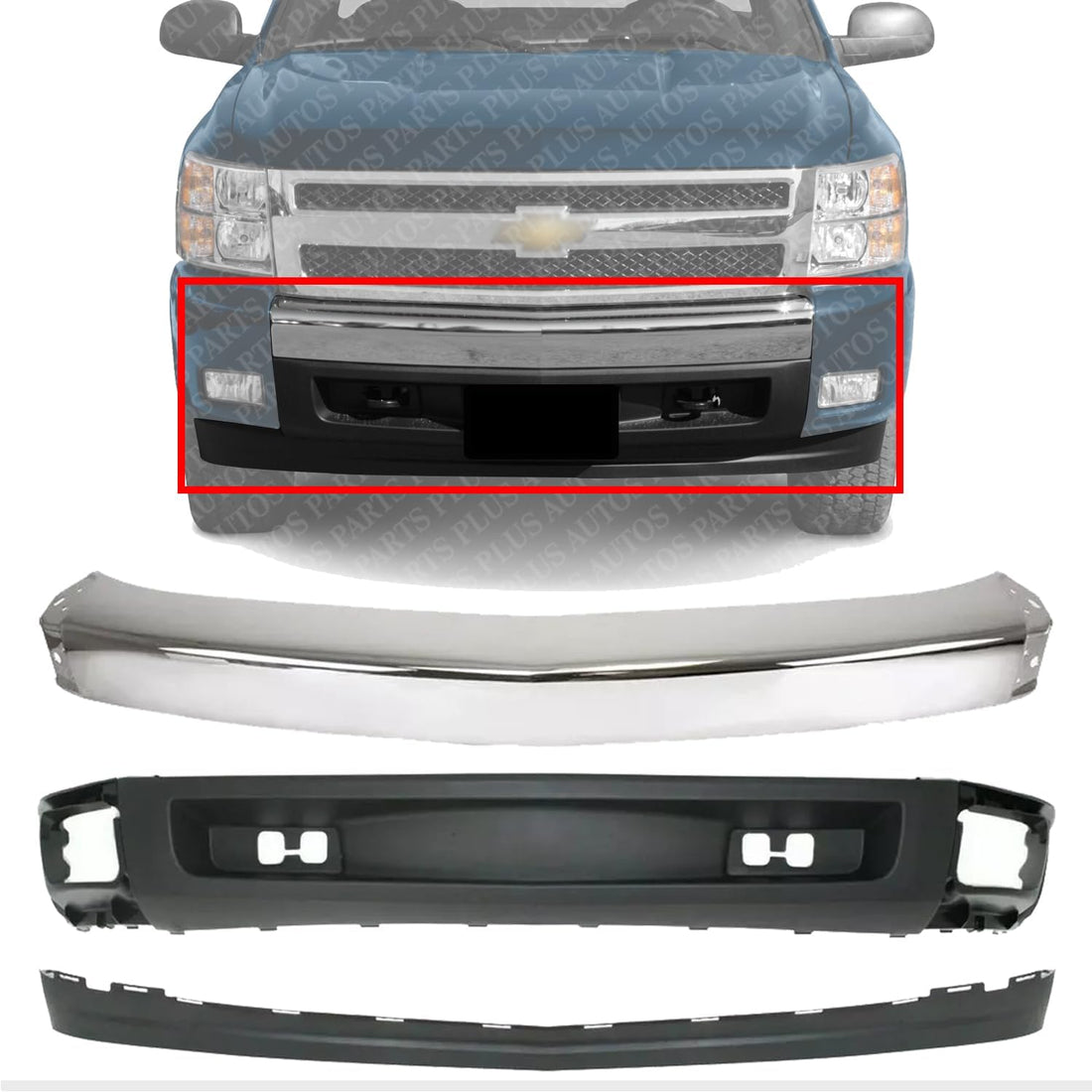 AUTOS PARTS PLUS Front Bumper Chrome Steel + Lower Valance Air Deflector + Extension Textured Direct Replacement Compatible With Chevrolet Silverado 1500 2007-2013 GM1092191 GM1002830 GM1092192