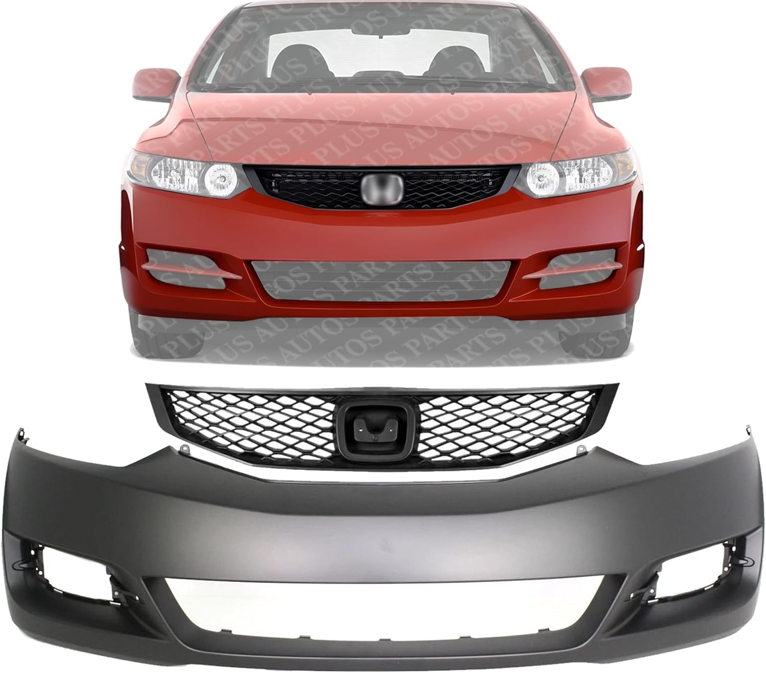 Front Bumper Cover Primed + Upper Grille Textured Shell & Insert Direct Replacement Compatible With 2009-2011 Honda Civic HO1000262 HO1200199 04711SVAA80ZZ 71121SVAA50