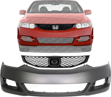 Front Bumper Cover Primed + Upper Grille Textured Shell & Insert Direct Replacement Compatible With 2009-2011 Honda Civic HO1000262 HO1200199 04711SVAA80ZZ 71121SVAA50