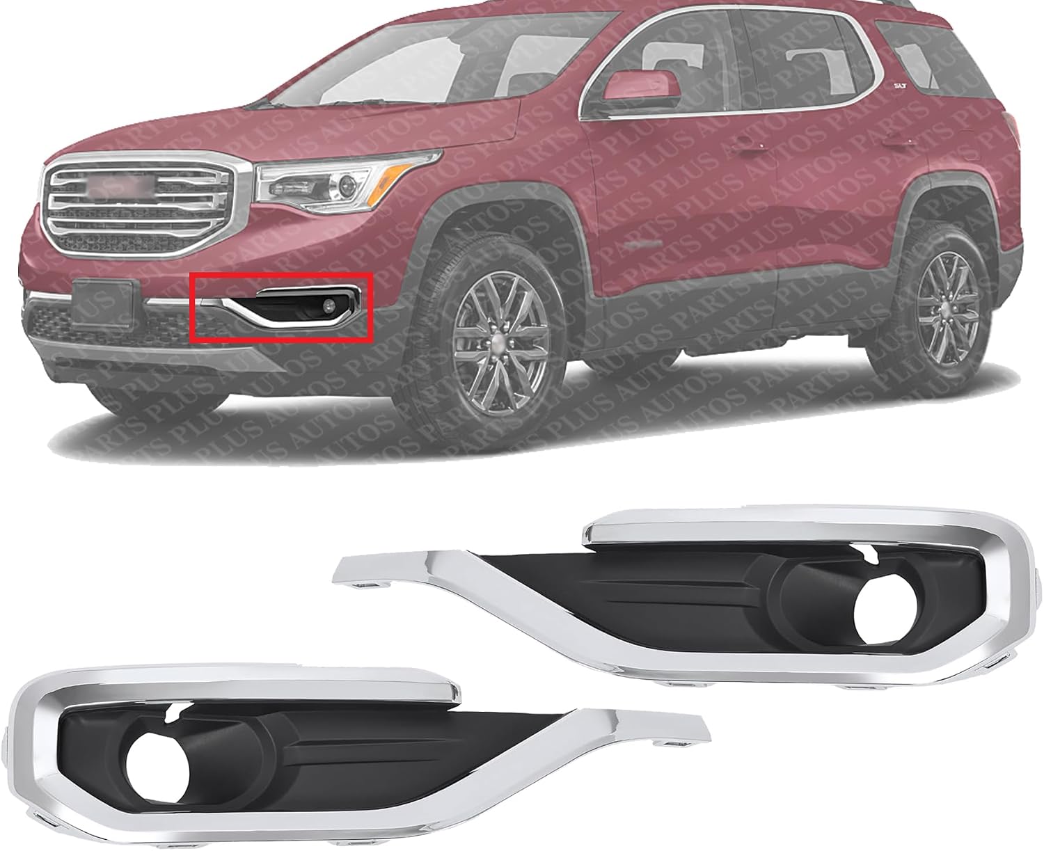 Set Of 2 Front Fog Light Cover Black With Chrome Molding Right Passenger & Left Driver Side Direct Replacement Compatible With 2017-2019 GMC Acadia GM1039209 GM1038209 84693621