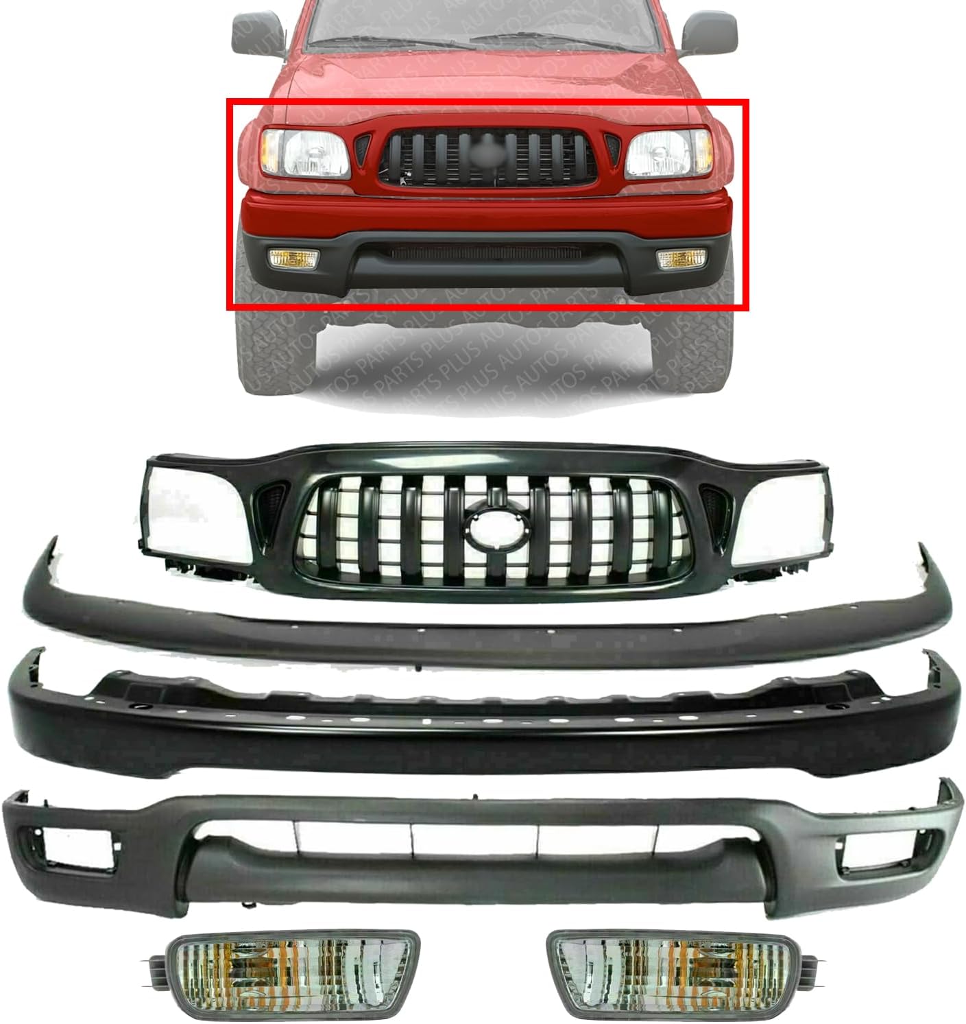 Front Bumper Steel + Grille + Upper Filler + Lower Valance + Signal Lamp Right Passenger & Left Driver Side Direct Replacement Compatible With Toyota Tacoma 2001-2004 TO1095196