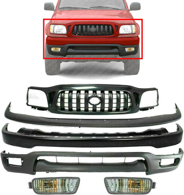 Front Bumper Steel + Grille + Upper Filler + Lower Valance + Signal Lamp Right Passenger & Left Driver Side Direct Replacement Compatible With Toyota Tacoma 2001-2004 TO1095196
